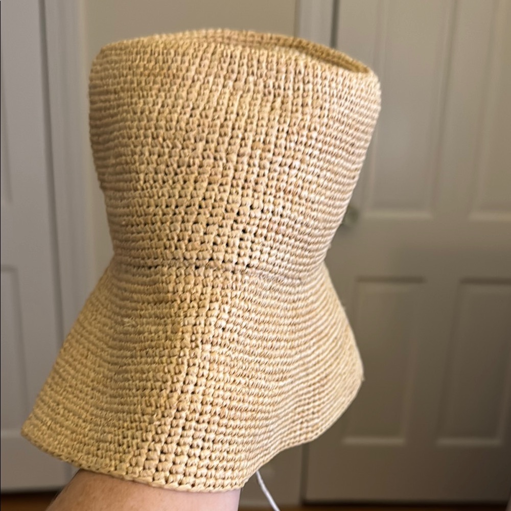 Janessa Leone Cream Bucket Hat with Wide Brim and Textured Straw